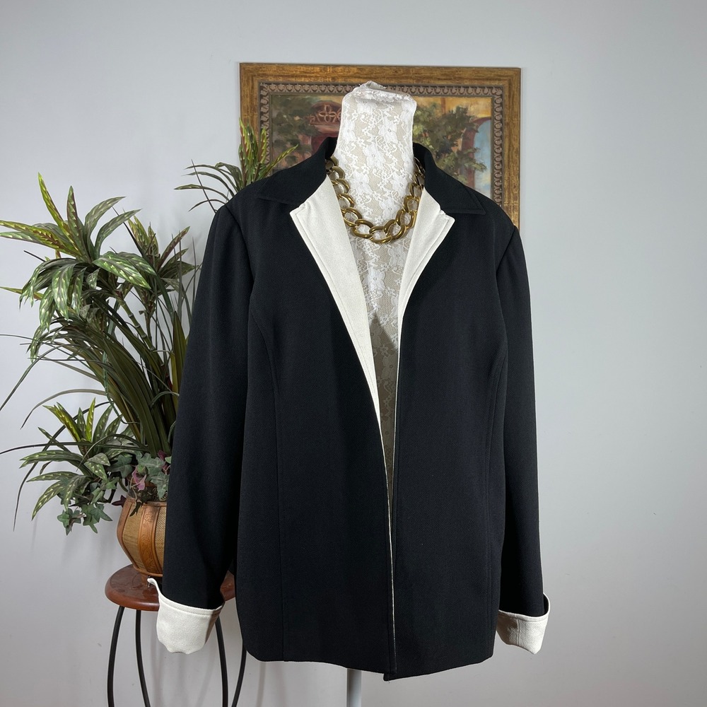 Emma James Blazer Women 16W Black Polyester Contrast Lapel Open Front Jacket